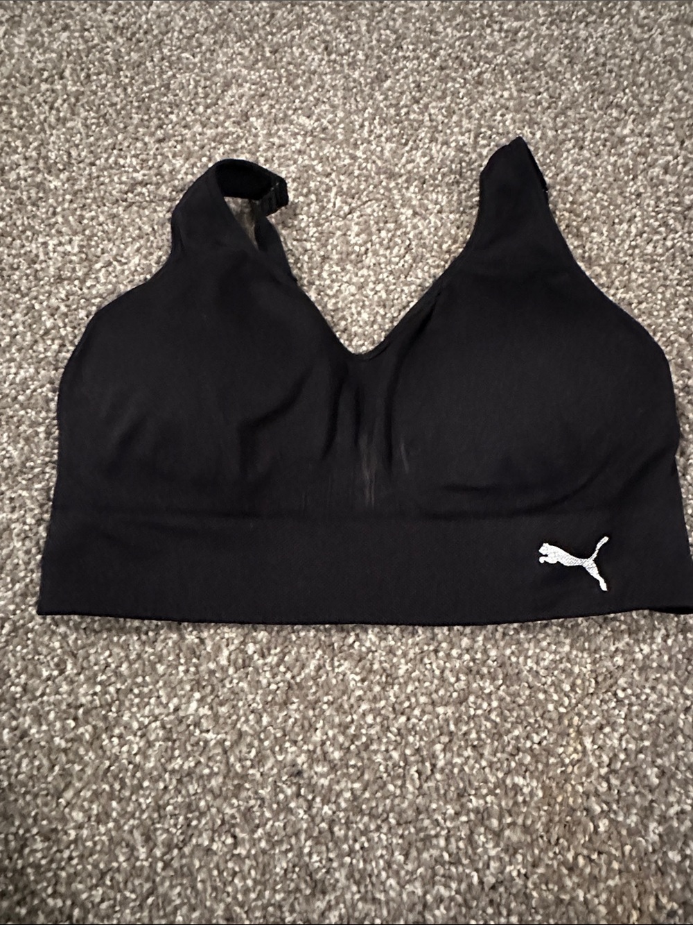 Puma Black Seamless V-Neck Pull-On Sports Bra with White Logo